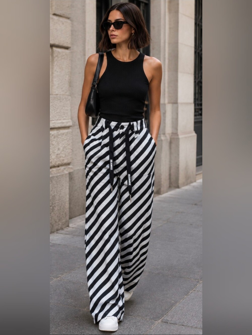 Jil Sander Black & White Diagonal Stripe Wide-Leg Pants